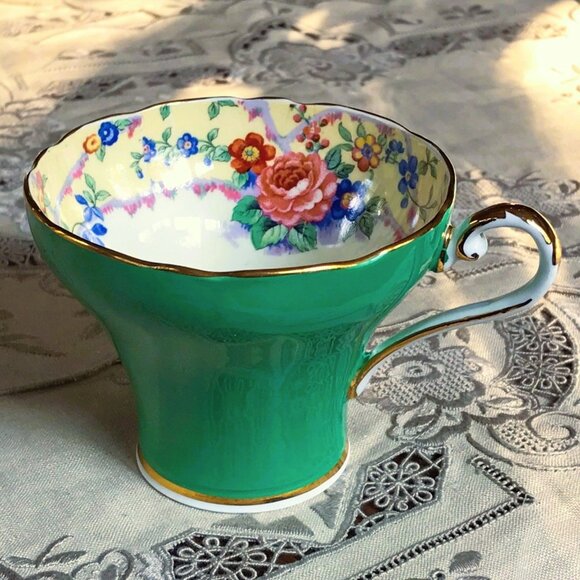 AYNSLEY Tea Cup & Saucer, Green, Cabbage Rose, Bone China, England Pattern B5304 - Picture 8 of 15